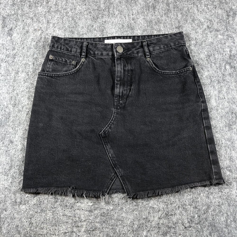 ASOS Denim Skirt Womens 6 Black Mini High Waist Raw Frayed Hem Front Slit